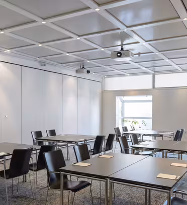 A modern conference room with a grid-patterned ceiling, equipped with tables arranged in a U-shape, black chairs, and a mounted projector. Sunlight filters through large windows with translucent shades. Sparse decor includes wall art and potted plants.