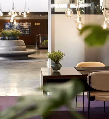 Modern hotel lobby with a reception desk and chair in the foreground, decorated with a small plant. Hanging light bulbs illuminate the space. A circular seating area and a sign listing conference rooms are visible in the background.